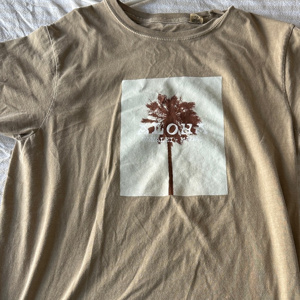 Beige T-Shirt with Palm Tree Graphic and states Hanalei, Kauai